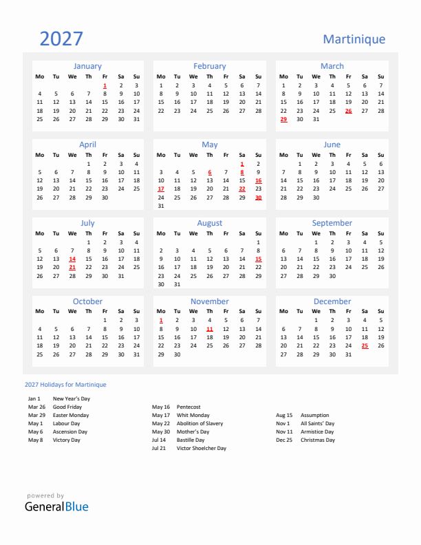 Basic Yearly Calendar with Holidays in Martinique for 2027 