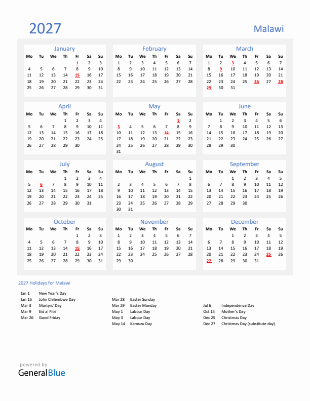 Basic Yearly Calendar with Holidays in Malawi for 2027 