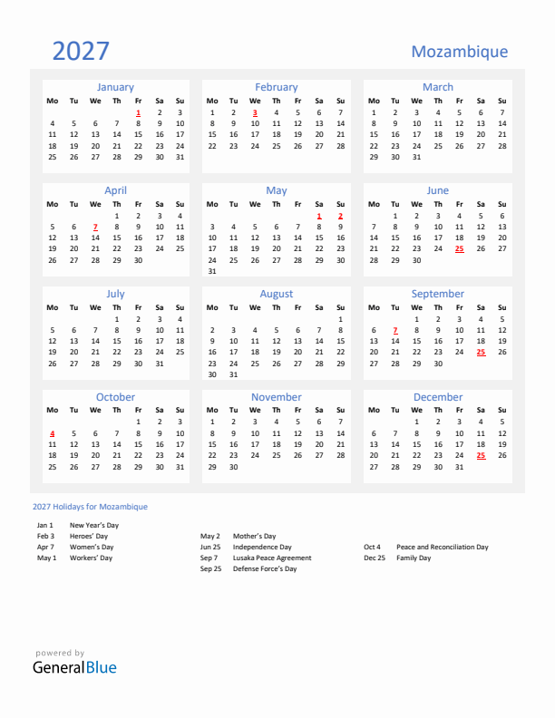 Basic Yearly Calendar with Holidays in Mozambique for 2027 