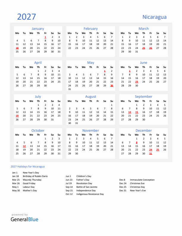 Basic Yearly Calendar with Holidays in Nicaragua for 2027 