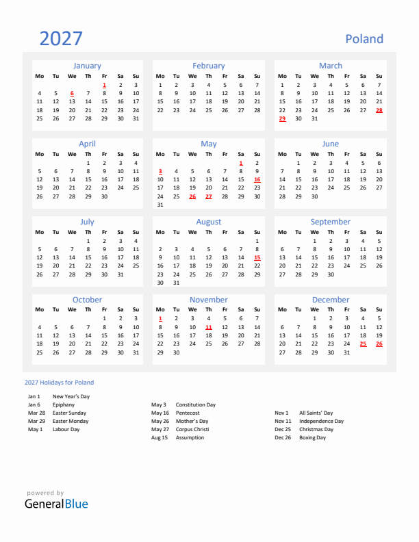 Basic Yearly Calendar with Holidays in Poland for 2027 