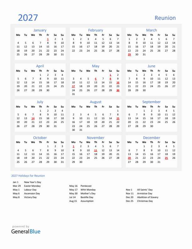 Basic Yearly Calendar with Holidays in Reunion for 2027 