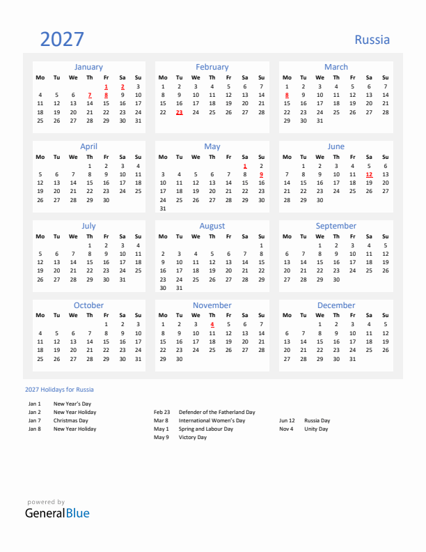 Basic Yearly Calendar with Holidays in Russia for 2027 