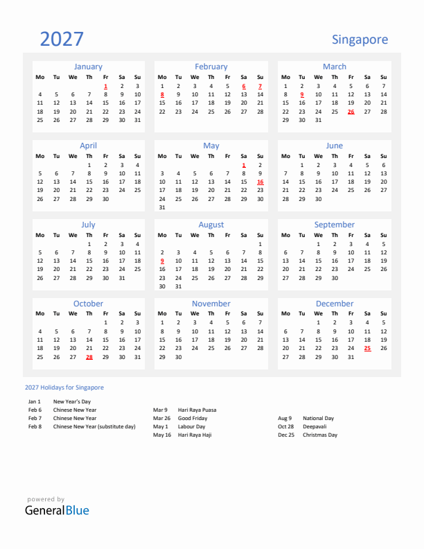 Basic Yearly Calendar with Holidays in Singapore for 2027 