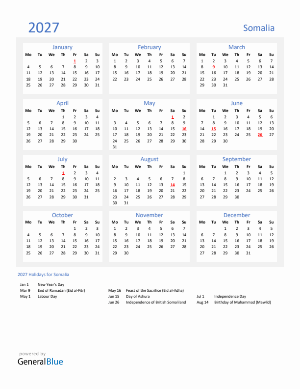 Basic Yearly Calendar with Holidays in Somalia for 2027 