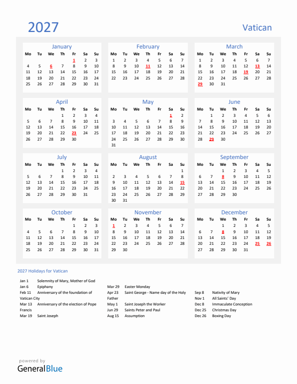 Basic Yearly Calendar with Holidays in Vatican for 2027 