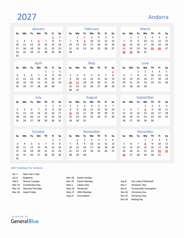 Basic Yearly Calendar with Holidays in Andorra for 2027 