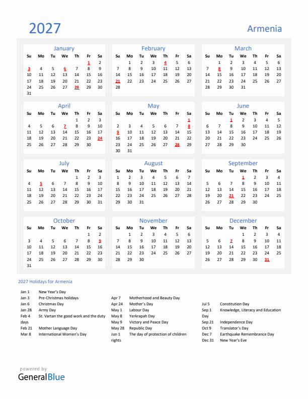 Basic Yearly Calendar with Holidays in Armenia for 2027 