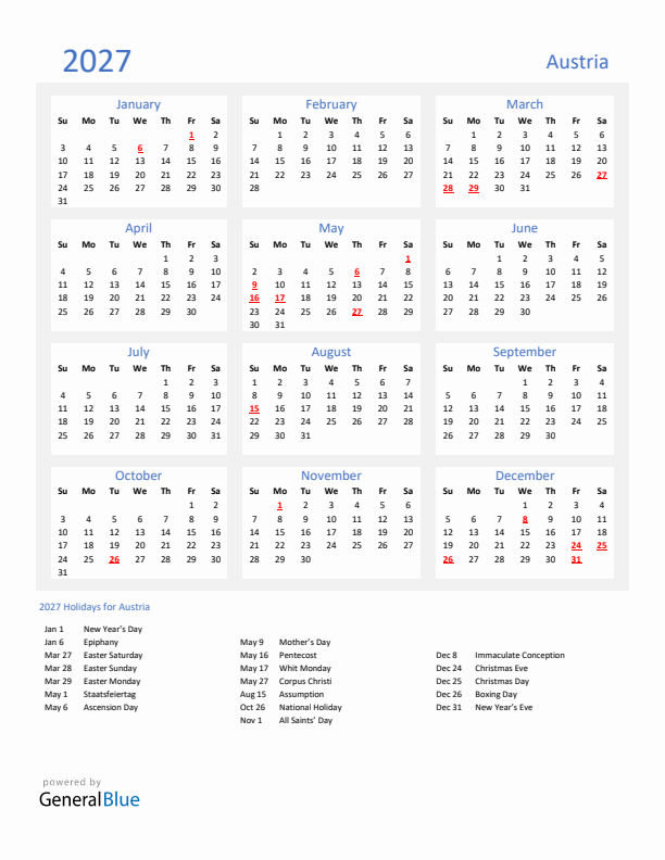 Basic Yearly Calendar with Holidays in Austria for 2027 