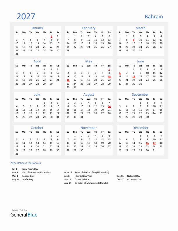 Basic Yearly Calendar with Holidays in Bahrain for 2027 