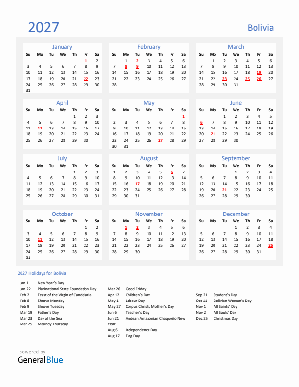 Basic Yearly Calendar with Holidays in Bolivia for 2027 