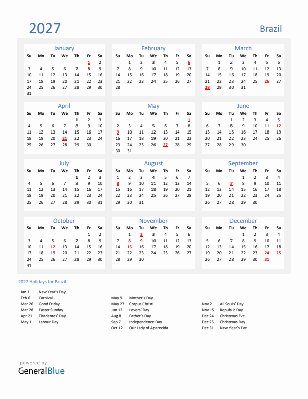 Basic Yearly Calendar with Holidays in Brazil for 2027 