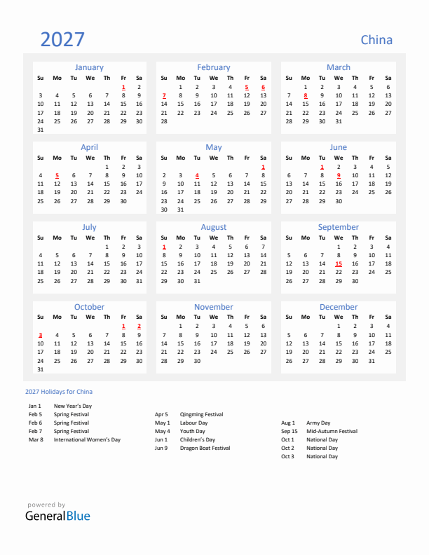 Basic Yearly Calendar with Holidays in China for 2027 