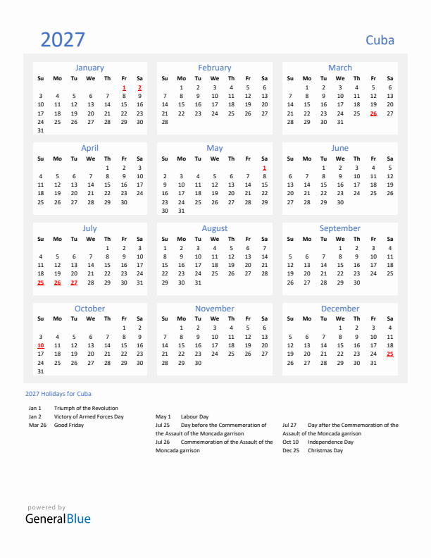 Basic Yearly Calendar with Holidays in Cuba for 2027 