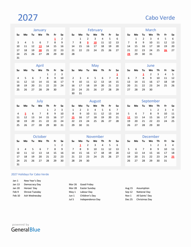 Basic Yearly Calendar with Holidays in Cabo Verde for 2027 