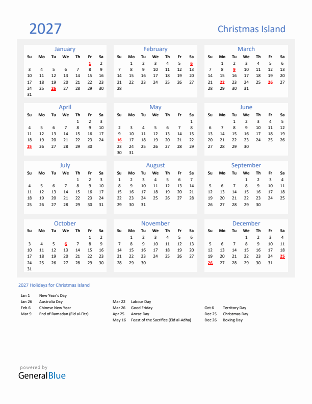 Basic Yearly Calendar with Holidays in Christmas Island for 2027 