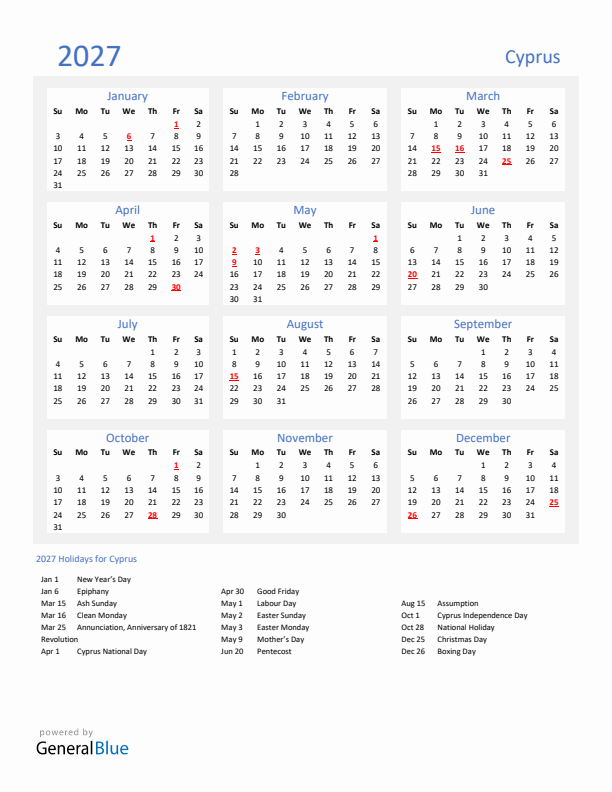 Basic Yearly Calendar with Holidays in Cyprus for 2027 