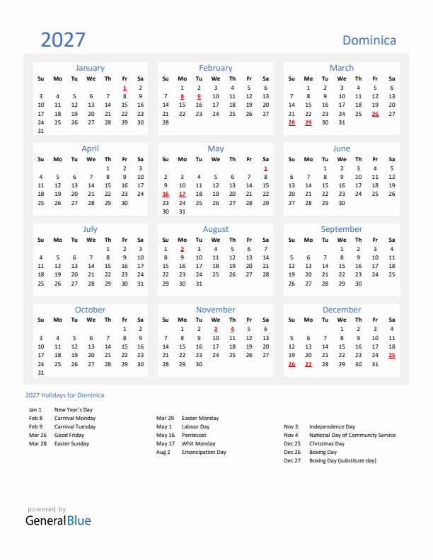 Basic Yearly Calendar with Holidays in Dominica for 2027 