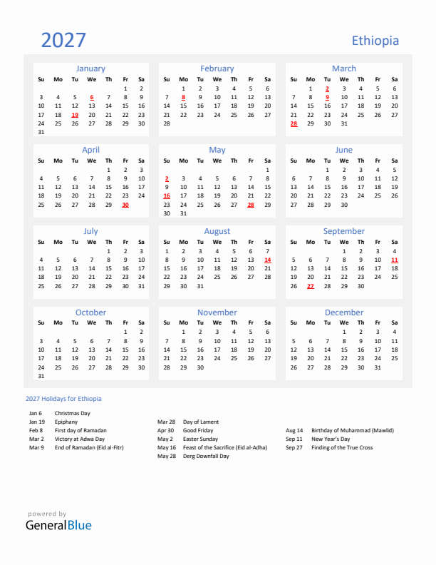 Basic Yearly Calendar with Holidays in Ethiopia for 2027 