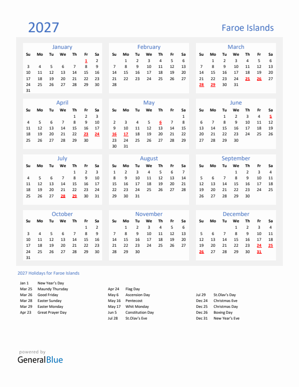 Basic Yearly Calendar with Holidays in Faroe Islands for 2027 