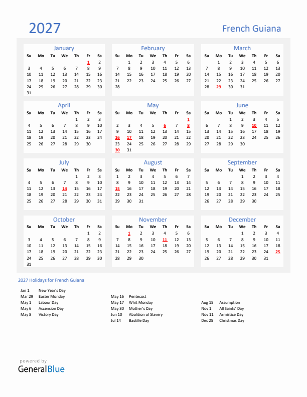 Basic Yearly Calendar with Holidays in French Guiana for 2027 