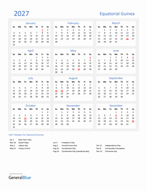 Basic Yearly Calendar with Holidays in Equatorial Guinea for 2027 