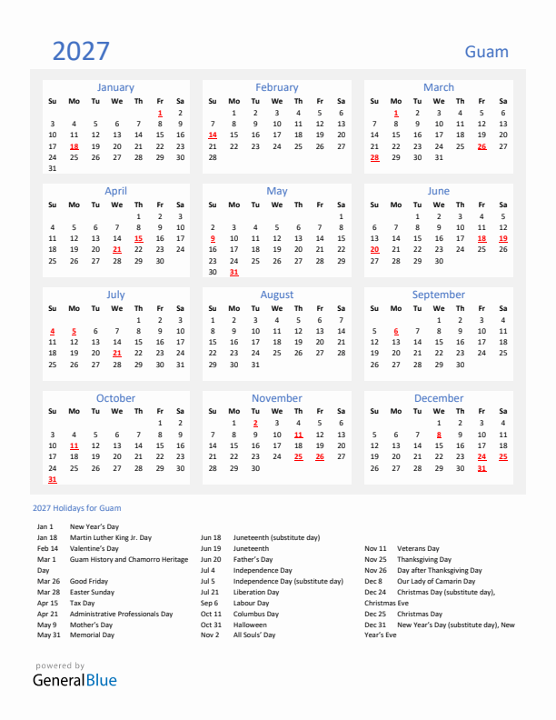 Basic Yearly Calendar with Holidays in Guam for 2027 