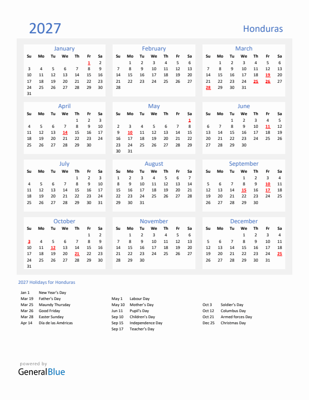 Basic Yearly Calendar with Holidays in Honduras for 2027 