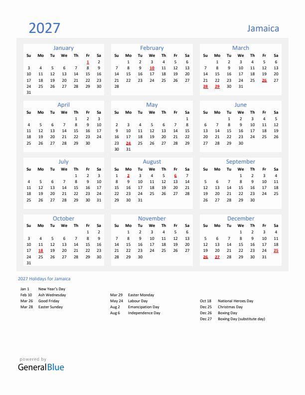 Basic Yearly Calendar with Holidays in Jamaica for 2027 