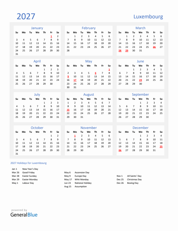 Basic Yearly Calendar with Holidays in Luxembourg for 2027 