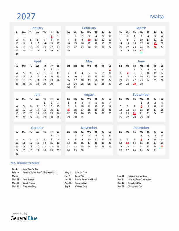 Basic Yearly Calendar with Holidays in Malta for 2027 