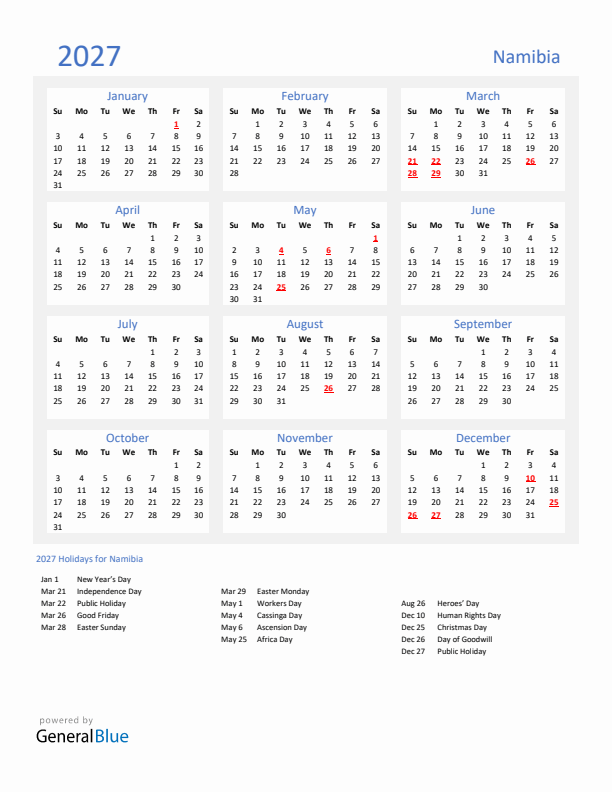 Basic Yearly Calendar with Holidays in Namibia for 2027 