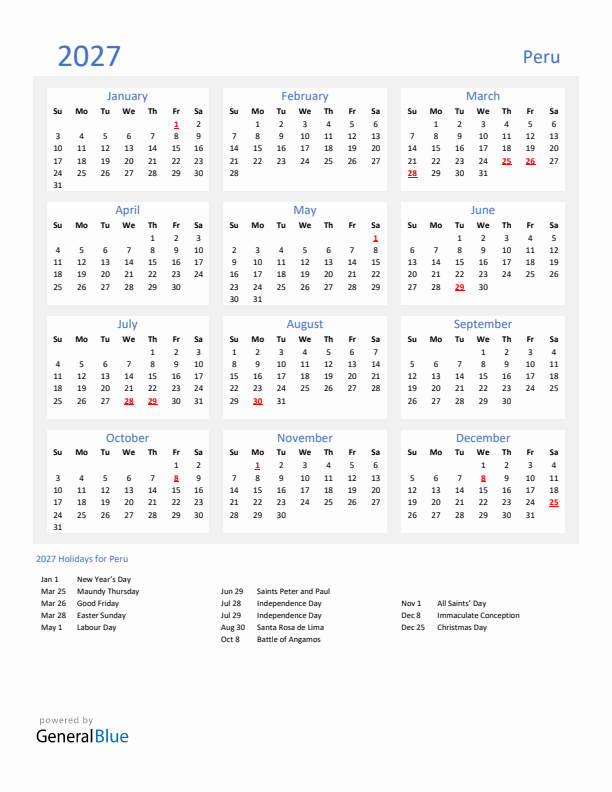 Basic Yearly Calendar with Holidays in Peru for 2027 