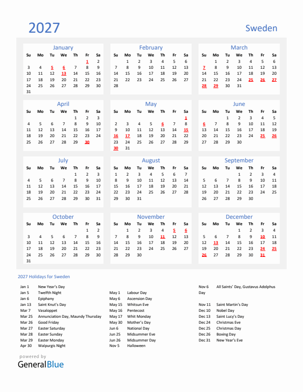 Basic Yearly Calendar with Holidays in Sweden for 2027 