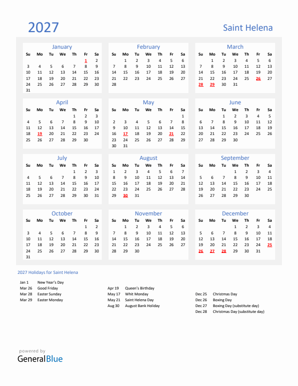 Basic Yearly Calendar with Holidays in Saint Helena for 2027 