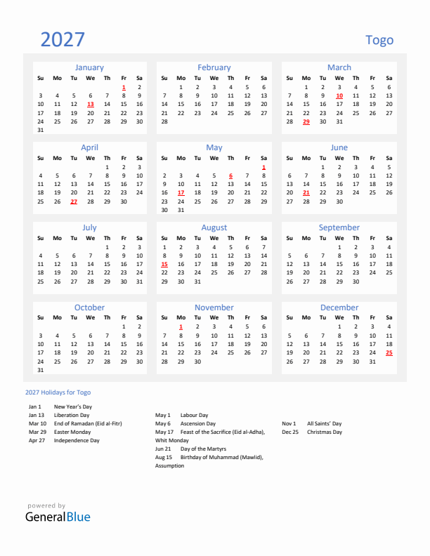 Basic Yearly Calendar with Holidays in Togo for 2027 