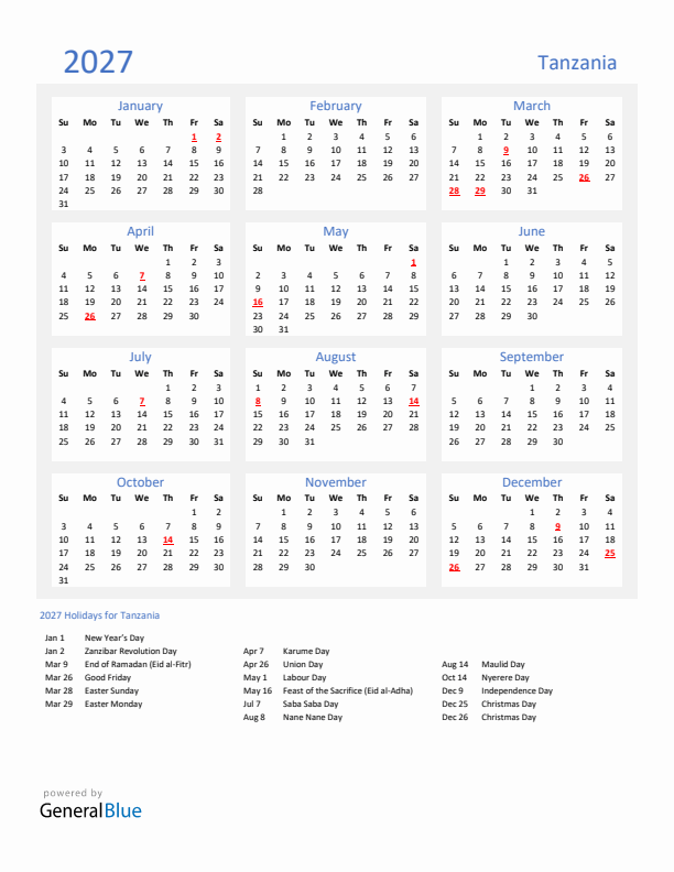 Basic Yearly Calendar with Holidays in Tanzania for 2027 