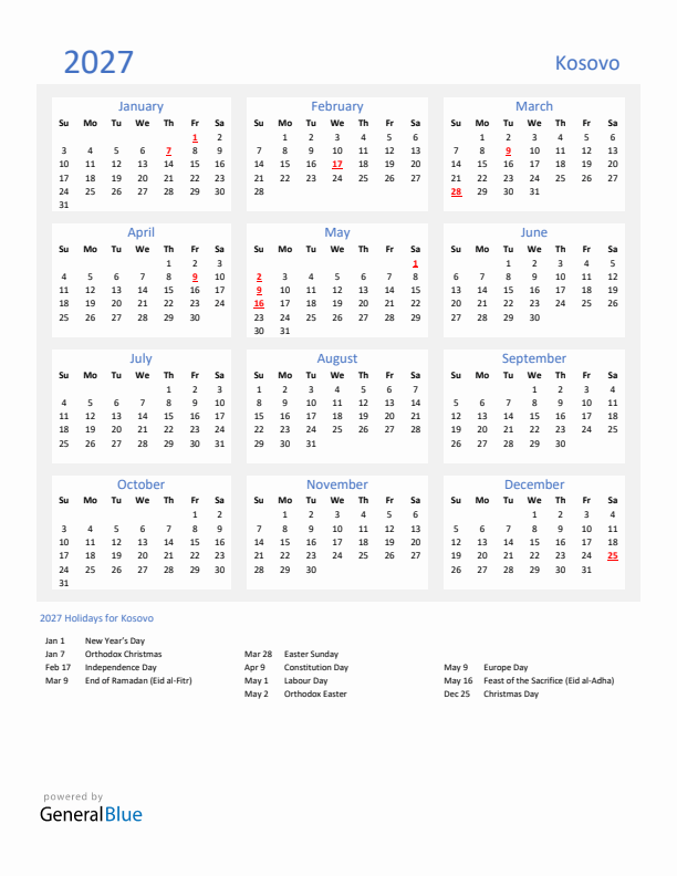 Basic Yearly Calendar with Holidays in Kosovo for 2027 