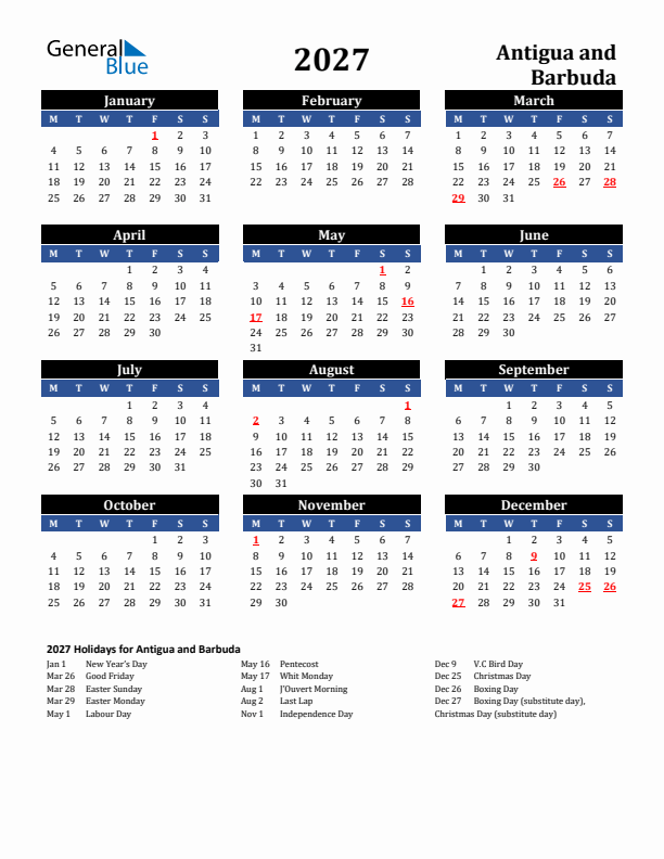 2027 Antigua and Barbuda Holiday Calendar