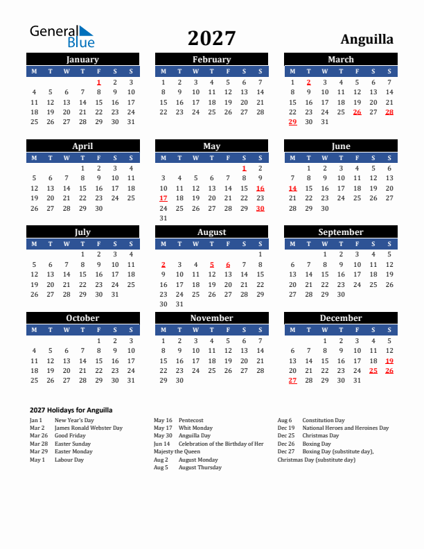 2027 Anguilla Holiday Calendar