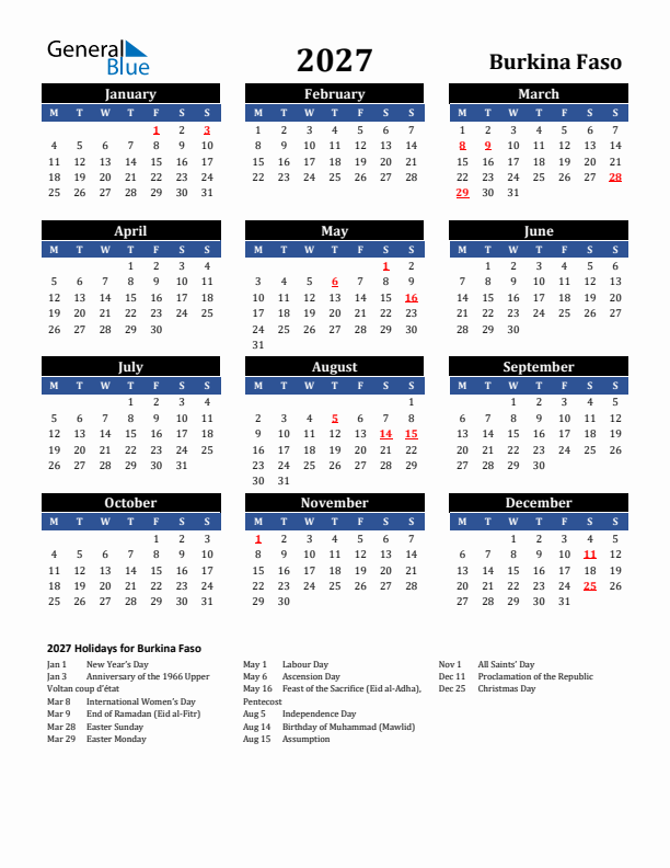 2027 Burkina Faso Holiday Calendar