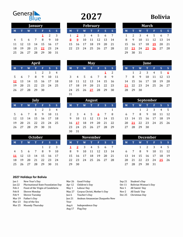 2027 Bolivia Holiday Calendar