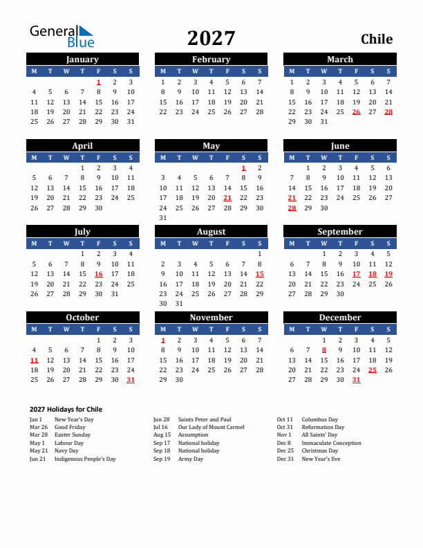 2027 Chile Holiday Calendar