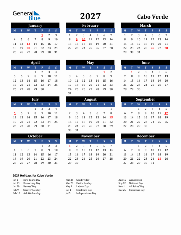 2027 Cabo Verde Holiday Calendar