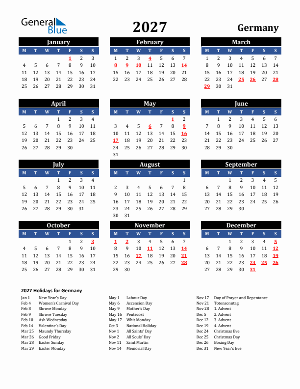 2027 Germany Holiday Calendar