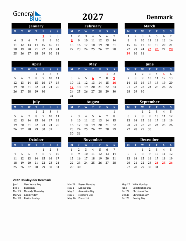 2027 Denmark Holiday Calendar