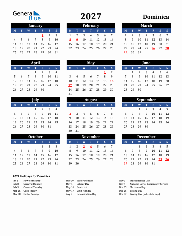 2027 Dominica Holiday Calendar