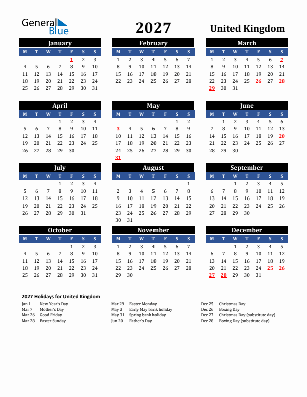 2027 United Kingdom Holiday Calendar