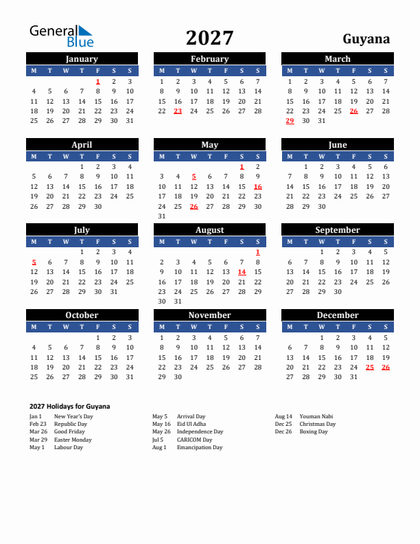 2027 Guyana Holiday Calendar