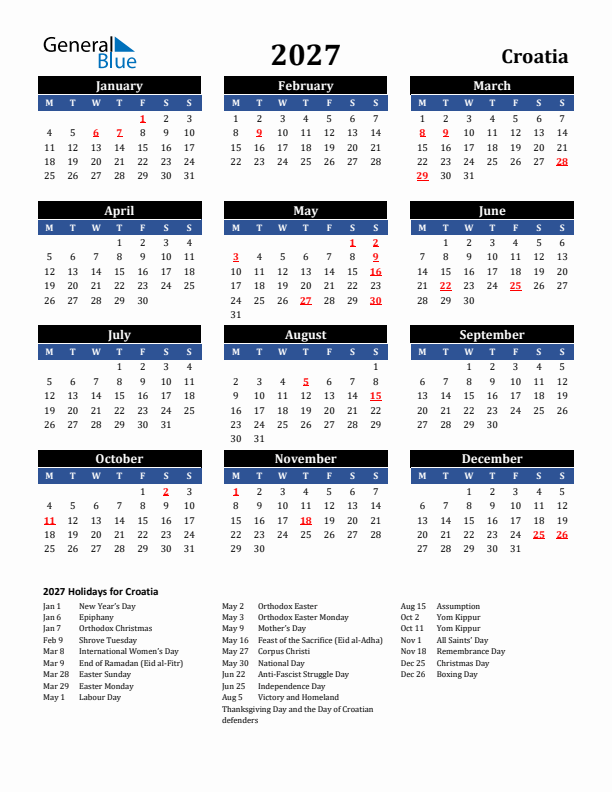 2027 Croatia Holiday Calendar